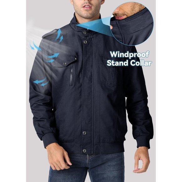 Men's Navy  Winter Cargo Fleece Sherpa Lined Casual Windproof Bomber Jacket - Picture 3 of 6
